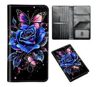 ETLKJVBL Passport Holder for Travel Accessory, Leather Passport Cover with Space for Documents and Family Photos, Travel Passport Credit Card Wallet for Women Men-7, Blue Rose Butterfly, Art Deco
