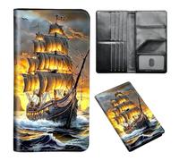 ETLKJVBL Passport Holder for Travel Accessory, Leather Passport Cover with Space for Documents and Family Photos, Travel Passport Credit Card Wallet for Women Men-9, Pirate Ship Sailing, Art Deco