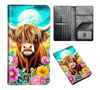 ETLKJVBL Passport Holder for Travel Accessory, Leather Passport Cover with Space for Documents and Family Photos, Travel Passport Credit Card Wallet for Women Men-4, Cute Highland Cow Flowers, Art