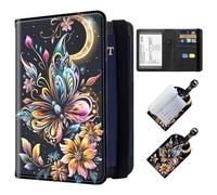 ETLKJVBL Passport Holder for Travel, Exquisite Leather Passport Holder with RFID Blocking Sleeves - Stylish Travel passport covers for Women and Men, Colorful Butterfly and Flowers, Art Deco