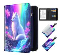ETLKJVBL Passport Holder for Travel for Woman and Man, Exquisite Leather Passport Holder - RFID Blocking Sleeves - Stylish Travel Wallet with Luggage Tags, White Fox in the Colorful Aurora, Art Deco