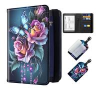 ETLKJVBL Passport Holder for Travel for Woman and Man, Exquisite Leather Passport Holder - RFID Blocking Sleeves - Stylish Travel Wallet with Luggage Tags, Colorful Roses and Blue Butterfly, Art Deco