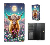 ETLKJVBL RFID Blocking Leather Wallet for Women and Men- Compact Bifold Credit Card Holder with RFID Protection, Small Ladies Slim Minimalist Wallet-20, Highland Cow in Moonlit Flower Meadow, Art Deco