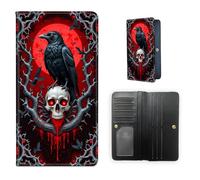 ETLKJVBL RFID Blocking Leather Wallet for Women and Men- Compact Bifold Credit Card Holder with RFID Protection, Small Ladies Slim Minimalist Wallet-17, Raven on Skull with Red Moon, Art Deco
