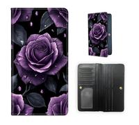 ETLKJVBL RFID Blocking Leather Wallet for Women and Men- Compact Bifold Credit Card Holder with RFID Protection, Small Ladies Slim Minimalist Wallet-18, Purple Roses with Dew Drops, Art Deco