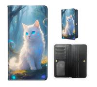 ETLKJVBL RFID Blocking Leather Wallet for Women and Men- Compact Bifold Credit Card Holder with RFID Protection, Small Ladies Slim Minimalist Wallet-20, White Cat in Enchanted Forest, Art Deco