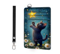 ETLKJVBL Slim RFID Blocking Wallet Minimalist Front Pocket Card Holder, Secure Leather Credit Card Case with Security Pockets for Men and Women-27, Black Cat Reaching for Star, Minimalist