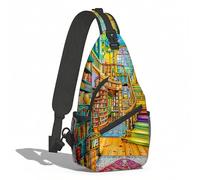 ETLKJVBL Sling Chest Bag for Women & Men, Large Capacity Crossbody Bag with 50" Adjustable Strap for Travel-16, Bookshop Interior Filled Books, Large: 19.7" × 9.5" × 3.5", Art Deco