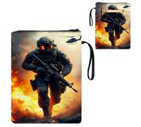 ETLKJVBL Water-Resistant Canvas Book Sleeve with Zipper & Front Pocket, Armed Soldier in Battlefield 800D Heavy Duty Book Protector for Hardcovers, Portable Pouch with Handle