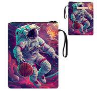 ETLKJVBL Water-Resistant Canvas Book Sleeve with Zipper & Front Pocket, Astronaut Play Basketball Space 800D Heavy Duty Book Protector for Hardcovers, Portable Pouch with Handle