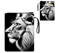 ETLKJVBL Water-Resistant Canvas Book Sleeve with Zipper & Front Pocket, Black - White Lion Head Portrait 800D Heavy Duty Book Protector for Hardcovers, Portable Pouch with Handle