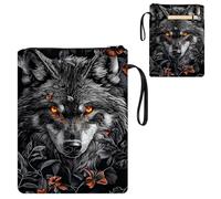 ETLKJVBL Water-Resistant Canvas Book Sleeve with Zipper & Front Pocket, Black Wolf Surrounded by Flowers 800D Heavy Duty Book Protector for Hardcovers, Portable Pouch with Handle