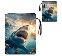 ETLKJVBL Water-Resistant Canvas Book Sleeve with Zipper & Front Pocket, Megalodon Shark 800D Heavy Duty Book Protector for Hardcovers, Portable Pouch with Handle