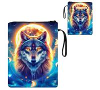 ETLKJVBL Water-Resistant Canvas Book Sleeve with Zipper & Front Pocket, Moon Majestic Wolf 800D Heavy Duty Book Protector for Hardcovers, Portable Pouch with Handle