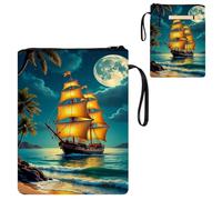 ETLKJVBL Water-Resistant Canvas Book Sleeve with Zipper & Front Pocket, Sailing Ship by Moonlit Beach 800D Heavy Duty Book Protector for Hardcovers, Portable Pouch with Handle