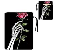 ETLKJVBL Water-Resistant Canvas Book Sleeve with Zipper & Front Pocket, Skeletal Hand Hold Rose 800D Heavy Duty Book Protector for Hardcovers, Portable Pouch with Handle