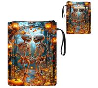 ETLKJVBL Water-Resistant Canvas Book Sleeve with Zipper & Front Pocket, Skeletons Holding Hands by a Lit Arch 800D Heavy Duty Book Protector for Hardcovers, Portable Pouch with Handle