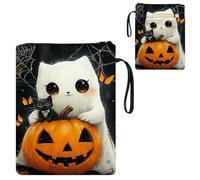 ETLKJVBL Water-Resistant Canvas Book Sleeve with Zipper & Front Pocket, Spectres Cat with Kitten on Pumpkin 800D Heavy Duty Book Protector for Hardcovers, Portable Pouch with Handle