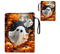 ETLKJVBL Water-Resistant Canvas Book Sleeve with Zipper & Front Pocket, Spectres Pumpkins in Autumn Woods 800D Heavy Duty Book Protector for Hardcovers, Portable Pouch with Handle