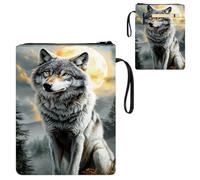 ETLKJVBL Water-Resistant Canvas Book Sleeve with Zipper & Front Pocket, Wolf Under Full Moon in Forest 800D Heavy Duty Book Protector for Hardcovers, Portable Pouch with Handle