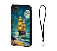 ETLKJVBL Wrist Wallets for Women, Lightweight RFID Blocking Multi-Functional Secure Wrist Purse for Travel, Daily Use-21, Sailing Ship by Moonlit Beach, Art Deco