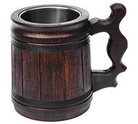 Etno Motif Handmade Beer Mug (10 OZ) Wooden Tankard Beer Stein Oak Wood Stainless Steel Cup Gift Natural Eco-Friendly Wooden Beer Mug with Metal Insert