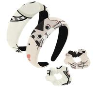 etoenbrc 2 Pack Polyester Wide Headbands and Scrunchie for Women, Cartoon Calico Cat Headbands Hair Band Fashion Non-Slip Hair Hoop for Girls Women Hair Accessories