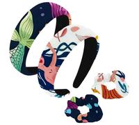 etoenbrc 2 Pack Polyester Wide Headbands and Scrunchie for Women, Hand Drawn Cartoon Mermaid Headbands Hair Band Fashion Non-Slip Hair Hoop for Girls Women Hair Accessories