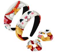 etoenbrc 2 Pack Polyester Wide Headbands and Scrunchie for Women, Lucky Cat Pattern Headbands Hair Band Fashion Non-Slip Hair Hoop for Girls Women Hair Accessories