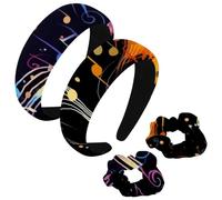 etoenbrc 2 Pack Polyester Wide Headbands and Scrunchie for Women, Spatial Yellow Notes Headbands Hair Band Fashion Non-Slip Hair Hoop for Girls Women Hair Accessories