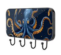 etoenbrc Deep Blue Octopus Coat Hooks Wall Mounted,4 Iron Coat Hanger Hooks for Hanging Coats, Decorative Coat Racks for Wall Heavy Duty for Clothes Bag Key