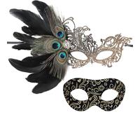 ETOFETE 2 Pcs Couples Masquerade Masks for Women Men - Halloween Lace Feather Half Face Masks and Venetian Party Mask Set Face Cover