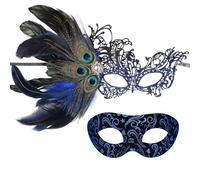 ETOFETE 2 Pcs Couples Masquerade Masks for Women Men - Halloween Lace Feather Half Face Masks and Venetian Party Mask Set Face Cover