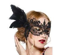 ETOFETE Black Lace Masquerade Mask for Women Feather Venetian Eyemask