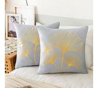 ETOLISHOP Cushion Cover 45 x 45 cm, Grey Cushion Cover Set, Gold Ginkgo Biloba Leaves Pattern, Velvet Cushion Cover, Decorative Cushion, Sofa Cushion, Couch Cushion for Sofa, Bed, Home Decoration, Set