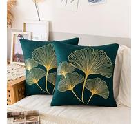 ETOLISHOP Set of 2 Velvet Cushion Covers, Blue-Green, 50 x 50 cm, Gold Ginkgo Biloba Leaves Pattern, Living Room, Bedroom, Outdoor, Office, Car, Home Decor