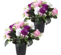 Etomvoop 2pcs Artificial Grave Flowers In Pot 12 Heads Silk Rose Fake Funeral Floral for Memorial Cemetery Christmas Decorative