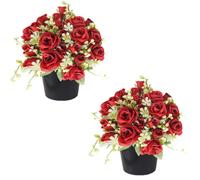 Etomvoop 2pcs Artificial Grave Flowers with Pots 20 Head Silk Rose & 10 Small Flower Leaves Memorial Floral for Cemetery Funeral Outdoor Christmas Decoration Graveside Ornaments