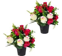 Etomvoop 2pcs Grave Pots with Artificial Flowers,18 Head Silk Rose Outdoor Cemetery Fake Flowers,Plastic Graves Floral Bouquets in Pot with Ferns for Graveside Ornaments Christmas Home Decoration