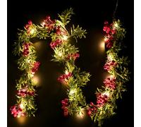 ETONSUNNY Christmas Wreath, 1.8M Christmas Garland with Lights, 2M Long Light String 20 LED Lights, Realistic Red Berries Green Leaves with Snow, Fireplaces Stairs Christmas Decorations (Style A)