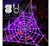 Etopgo Halloween Decoration Giant Spider Web with Purple Lights,17Ft x17FT 120LED Outdoor Spider Web Lights Baterry Powered/USB Powered with timer Waterproof for Garden Yard Halloween Decor