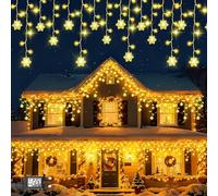 Etopgo Icicle Lights Outdoor, 10M 240LED Christmas Snowflake Icicle Lights,Warm White Christmas Light Mains Powered with Timer Waterproof for Outside House Gutter Roof Window Wall Xmas Decorations