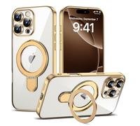 ETPESOK Compatible with iPhone 16 Pro Max Case with Invisible Magnetic Ring Stand [Compatible with Mag-Safe] [Full Camera Lens Protector] Plating Clear Phone Case for iPhone 16 Pro Max 6.9", Gold