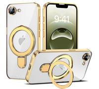 ETPESOK Compatible with iPhone 16E Case with Invisible Magnetic Ring Stand [Compatible with Mag-Safe] [Full Camera Lens Protector] Plating Clear Phone Case for iPhone 16E 6.1", Gold