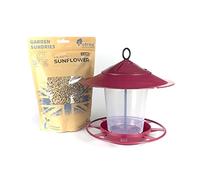 etree Pre Filled Easy Clean Hanging Lantern Bird Feeder & Sunflower Hearts Wild Bird Seed (450g) Florentine Red