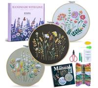 ETSPIL 3 Pack Beginner Embroidery Kits for Adults, DIY Starter Set with Stamped Flower Designs, Embroidery Hoop, Colorful Threads, Tools, Step-by-Step Instructions & Video Tutorial