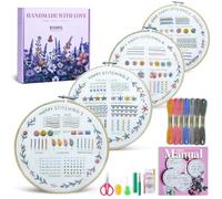 ETSPIL 4 Pre-Printed Embroidery Kit for Adults & Beginners - Learn Step by Step with 4K Videos, Floral Patterns, 33 Beginner-Friendly Stitches, Relaxing Craft at Home