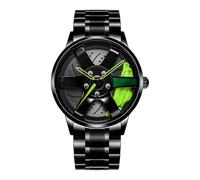 etsqwe-uk Car Watches for Men,Waterproof Stainless Steel 3D Stereoscopic Hollow Watch Sports Watches with Car Wheel Rim Hub Design Wheel Non-Mechanical Watch Gifts,Green