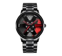 etsqwe-uk Men's Sports Watch 3D Stereoscopic Hollow Wheel Design Stainless Steel Watch Waterproof Car Wheel Watches-4 Colors,Red