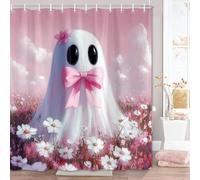 Etsyoki Halloween Ghost Shower Curtain, Cute Pink Bow Ghost Funny Shower Curtains Girly Flower Floral Bathroom Decor Set with Hooks 72x72 Inch
